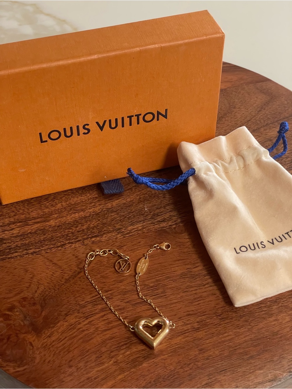 LOUIS VUITTON LV and Me Gold Tone Heart Bracelet w/Box, Dusty, & COA
